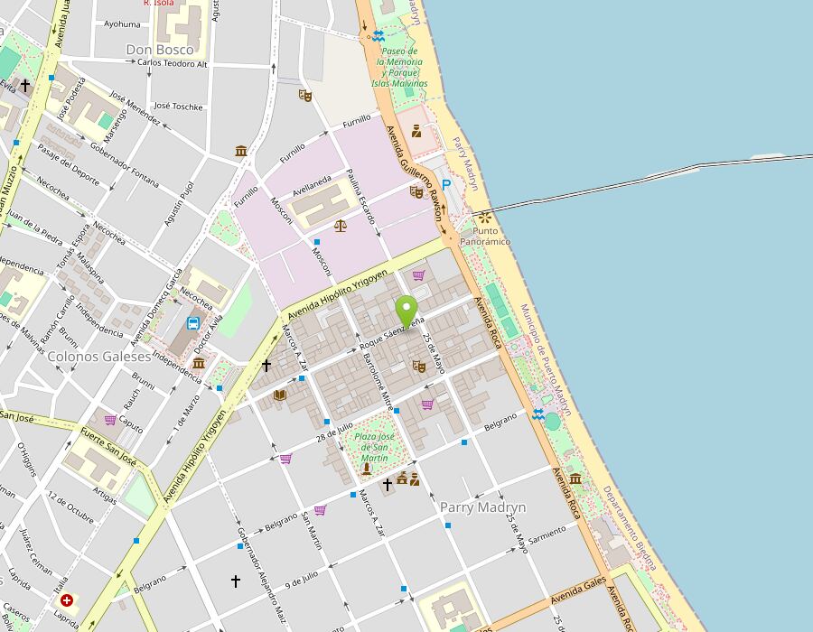 Plano del centro de Puerto Madryn con Del Centro se&ntilde;alado en Roque S&aacute;enz Pe&ntilde;a 120, a una cuadra de la costanera